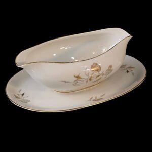 KPM Krister Germany Gravy Boat Attached Under Plate No 0683 Wheat Leaves Harvest